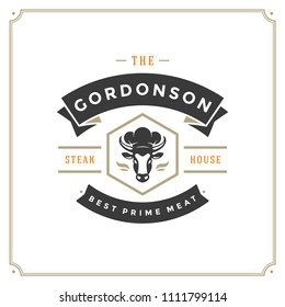 Grill restaurant logo vector illustration. Barbecue steak house menu emblem, cow head silhouette. Vintage typography badge design.