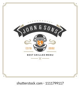 Grill restaurant logo vector illustration. Barbecue steak house menu emblem, grill and flame silhouette. Vintage typography badge design.