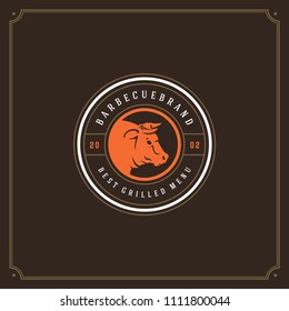 Grill restaurant logo vector illustration. Barbecue steak house menu emblem, bull head silhouette. Vintage typography badge design.