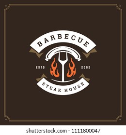 Grill restaurant logo vector illustration. Barbecue steak house menu emblem, grilled sausage on fork silhouette. Vintage typography badge design.