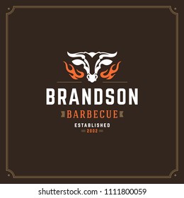 Grill restaurant logo vector illustration. Barbecue steak house menu emblem, bull head silhouette. Vintage typography badge design.