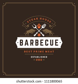 Grill Restaurant Logo Vector Illustration. Barbecue Steak House Menu Emblem, Bulls Silhouettes. Vintage Typography Badge Design.