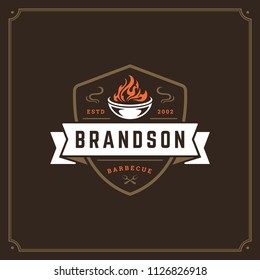 Grill restaurant logo vector illustration. Barbecue steak house menu emblem, grill and flame silhouette. Vintage typography badge design.