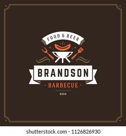 Grill restaurant logo vector illustration. Barbecue steak house menu emblem, sausage silhouette. Vintage typography badge design.