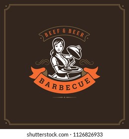 Grill restaurant logo vector illustration. Barbecue steak house menu emblem, waitress with tray silhouette. Vintage typography badge design.