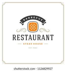 Grill restaurant logo vector illustration. Barbecue steak house menu emblem, grilled meat steak silhouette. Vintage typography badge design.
