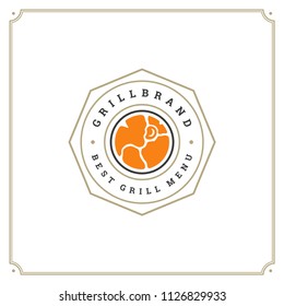 Grill restaurant logo vector illustration. Barbecue steak house menu emblem, grilled meat steak silhouette. Vintage typography badge design.