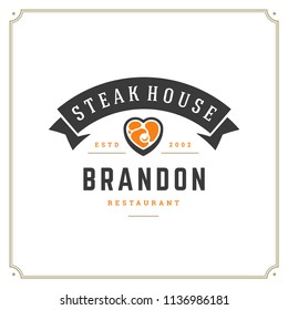 Grill restaurant logo vector illustration. Barbecue steak house menu emblem, meat steak silhouette. Vintage typography badge design.