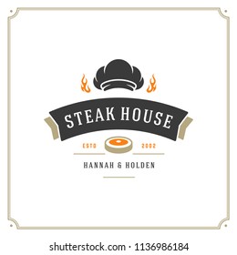 Grill restaurant logo vector illustration. Barbecue steak house menu emblem, meat steak silhouette. Vintage typography badge design.
