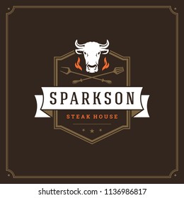 Grill restaurant logo vector illustration. Barbecue steak house menu emblem, cow head silhouette. Vintage typography badge design.