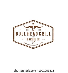 Grill Restaurant Logo Vector Illustration, Barbecue Steak House Menu Emblem, Bull Head Silhouette, Vintage Typography Badge Design