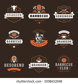 Grill restaurant logos and badges set vector illustration. Barbecue steak house menu emblems and food silhouettes. Vintage typography design.