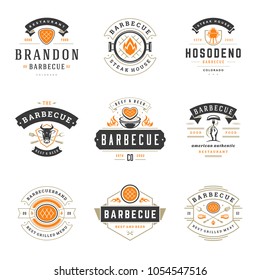 Grill restaurant logos and badges set vector illustration. Barbecue steak house menu emblems and food silhouettes. Vintage typography design.