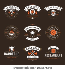 Grill restaurant logos and badges set vector illustration. Barbecue steak house menu emblems and food silhouettes. Vintage typography design.