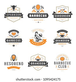 Grill restaurant logos and badges set vector illustration. Barbecue steak house menu emblems and food silhouettes. Vintage typography design.