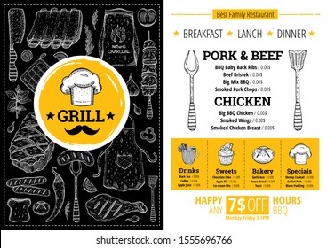 Barbeсue Grill Restaurant Menu. BBQ Meat Graphic. Cafe Poster, Menu, Leaflet, Flyer, Invitation Design. Trendy Hipster Template With Chef Hat Label, Doodle Food Illustration. Vintage Sketch Vector