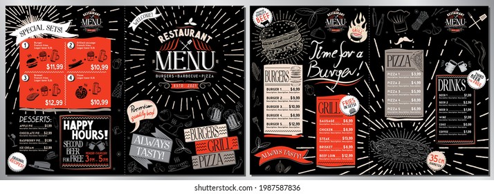 Grill restaurant menu card - A3 to A4 size (burgers, grill, pizza, drinks, desserts, sets)
