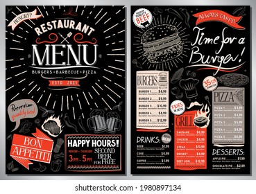 Plantilla de menú del restaurante asador - Tarjeta A4 (hamburguesas, parrilladas, pizzas, bebidas, postres)