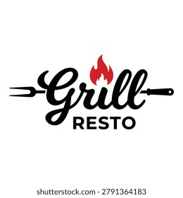 Grill Resto logo with fork and knife and flame design icon
