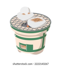 Grill rice cakes on a charcoal brazier. Japanese traditional culture. Vector illustration.