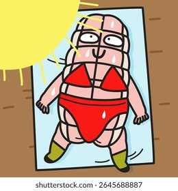 Grill Roasted Ham Sun Bathing On A Summer Beach Concept Cartoon Character illustration
