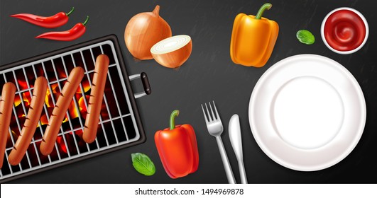 Grill sausage and empty plate Vector realistic. Meat and veggies menu poster. Detailed 3d illustration