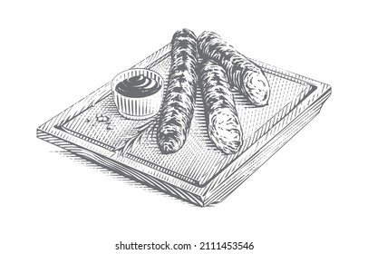 grill sausage on cutting board hand drawing sketch engraving illustration style