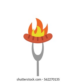 Grill sausage on fire. Flat sausage isolated