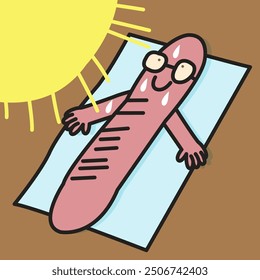 Grill Sausage Sun Bathing On A Summer Beach Concept Card Character illustration