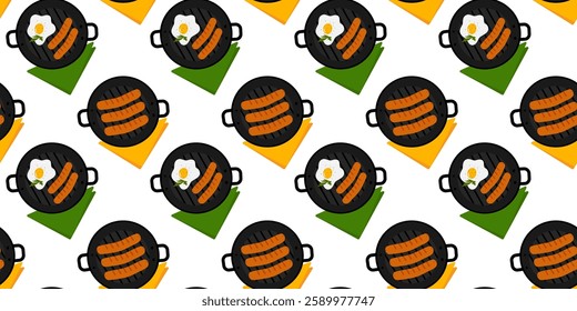 Grill Sausages, Fried egg, spice and parsley leaves Seamless Pattern with colorful napkins Breakfast