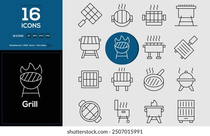 Grill set of outline icons related to analysis, infographic, analytics. Editable stroke. Vector illustration.