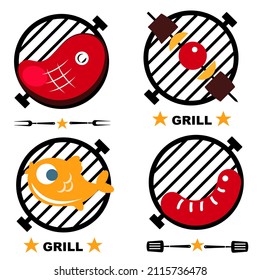 Grill set with steak, sausages, fish and vegetables on skewers.Symbol of a grilled steak.