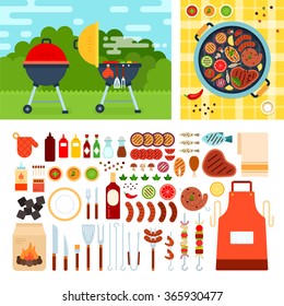 Grill set vector flat illustrations. Grill on the meadow on summer day. Weekend and relax concept. Meat, sausages, bottles with sauces and other grill tools isolated on white background