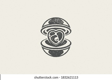 Grill silhouette with meat steak barbecue food preparation hand drawn stamp effect vector illustration. Vintage grunge texture emblem for bbq packaging and menu design or label decoration