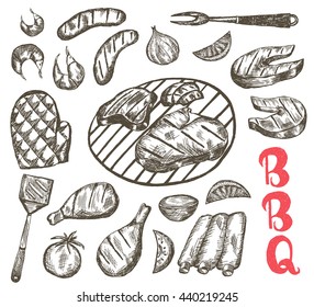 Grill Sketch food set. BBQ food is sausages, ribs, shrimp, salmon, steak, vegetables, chicken. Vector Illustration