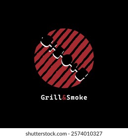 Grill and Smoke logo. BBQ grill with food on the skewer