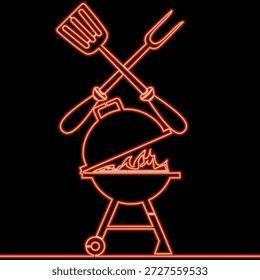 Espátula y tenedor de la parrilla para el concepto de la Ilustración vectorial del resplandor del neón del icono de la cocina de la barbacoa