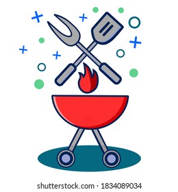 Grill with spatula and grill fork  vector icon illustration. Kitchen equipment Icon concept. flat cartoon style suitable for web landing page, banner, sticker, background