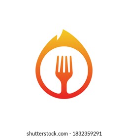Grill and spicy food logo template. Fire and fork flat logo design with gradient orange color