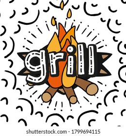 Grill. Square size hand-drawn doodle style poster.