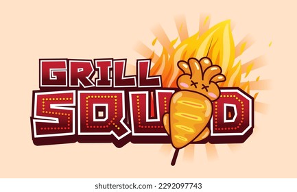 Grill squid logo template . Vector illustration.