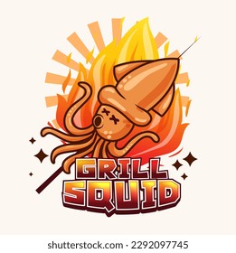 Grill squid logo template . Vector illustration.