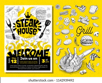 Grill Steak House Party BBQ food poster. Grilled food, meat fish vegetables grill appliance fork knife chicken shrimps lemon spice. Hand drawn vector illustration.