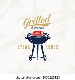 Grill Steak House Vintage Vector Label, Card, Emblem or Logo Template. Retro Typography and Meat Texture. Gold, Blue and Red Colors. Steak and Barbecue Grill Silhouettes. Isolated.