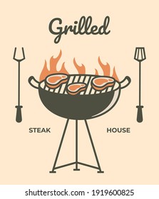 Grill steak house vintage vector illustration label, card, emblem or logo template. Steak and barbecue grill vector icon