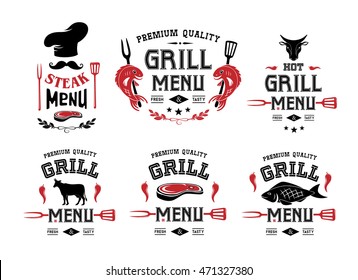 Grill and steak menu labels, badges, stickers, logos and design elements. Set of vector templates isolated on white background.