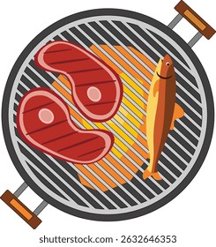 Grill com bifes e peixes cozinhando sobre a chama aberta. Em estilo de desenho animado sobre um fundo branco. Adequado para temas de comida, projetos de churrasco de verão e conteúdo culinário.