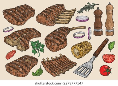 Grill steaks stickers set colorful with appetizing grilled meat with corn and onions or tomatoes for garnish vector illustration