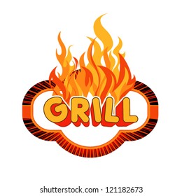 Grill sticker on fiery background.