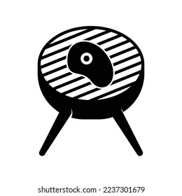 Grill stove icon made from steel with beef meat in black solid style